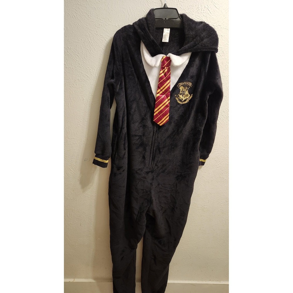 Harry Potter One pc Pajamas Youth XL 16/18 Black Hooded Hogwarts Gryffindor Tie